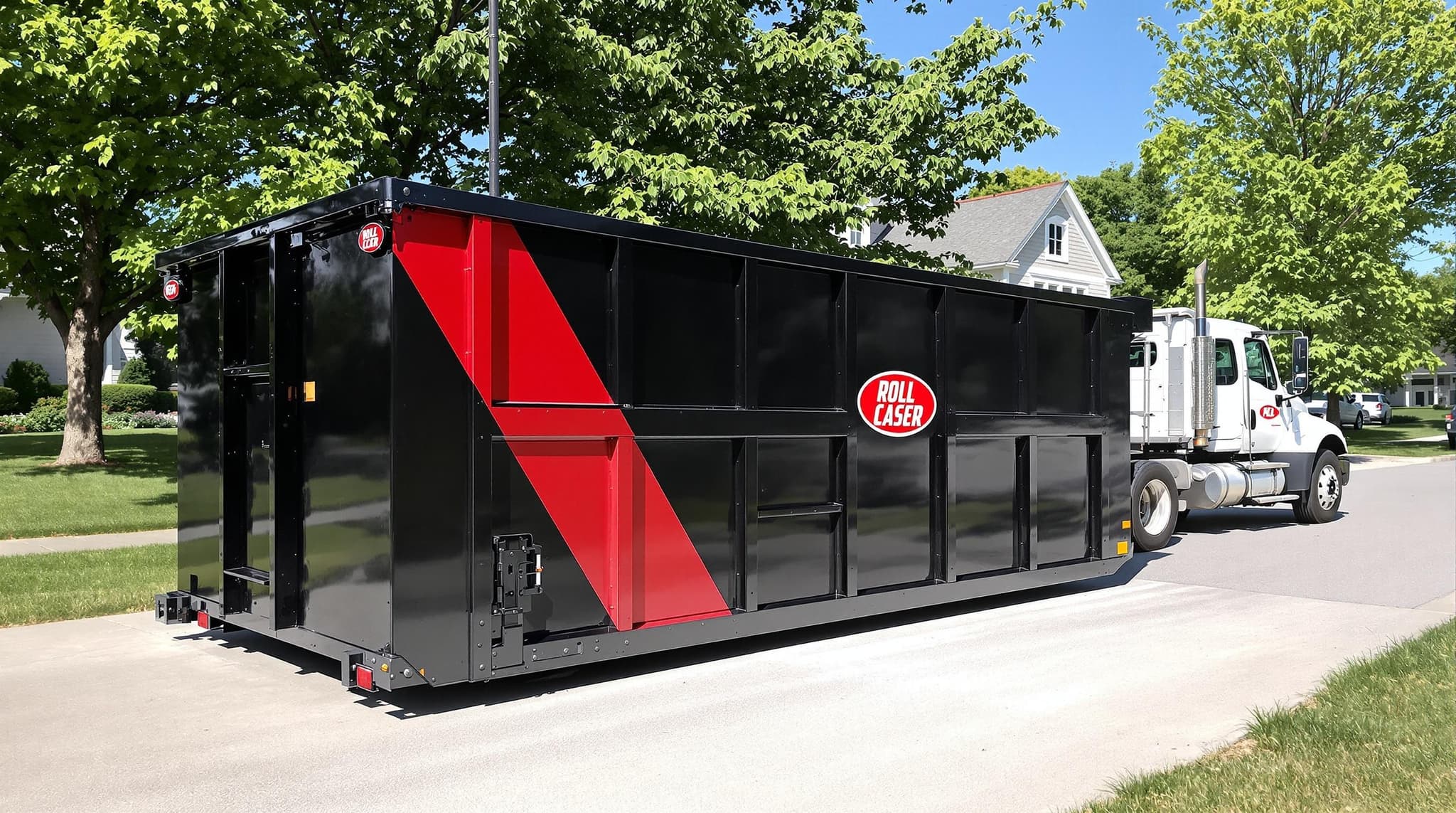 Dumpster Partner roll-off container on a residential driveway in Iowa